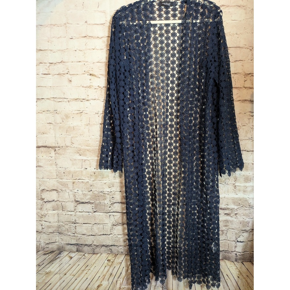 Young At Heart Top Small Navy Blue All Over Crochet Kimono Style Long Line Boho